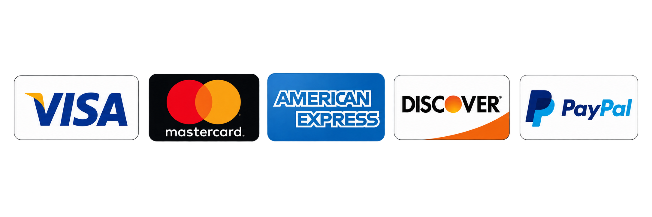 Accepted payment methods: Visa, Mastercard, American Express, Discover, and PayPal