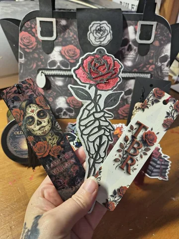 Handmade rose, skeleton, and TBR bookmarks