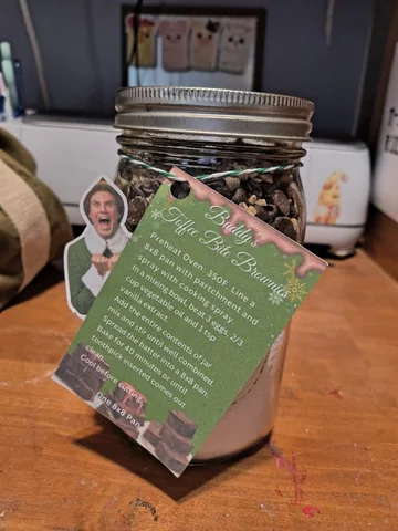 Handmade toffee bite brownie mix in a decorated mason jar