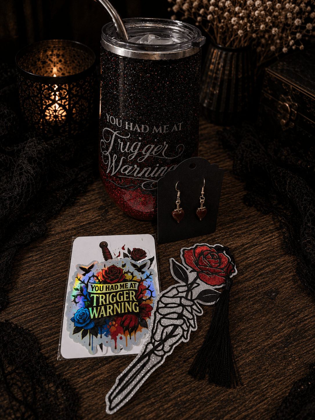 Trigger Warning reader tumbler gift set